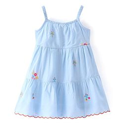 Babyhug Woven Singlet Sleeves Floral  Embroidered Tiered Frock - Blue