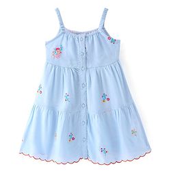 Babyhug Woven Singlet Sleeves Floral  Embroidered Tiered Frock - Blue