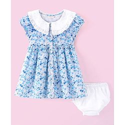 Babyhug 100% Cotton Poplin Woven Half Sleeves Frock With Bloomer Floral Print - Blue