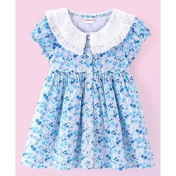 Babyhug 100% Cotton Poplin Woven Half Sleeves Frock With Bloomer Floral Print - Blue