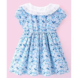 Babyhug 100% Cotton Poplin Woven Half Sleeves Frock With Bloomer Floral Print - Blue