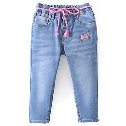 Babyhug Denim  Full Length with Stretch Washed Jeans With Floral Applique - Blue