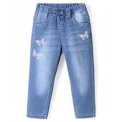 Babyhug Denim Full Length With Stretch Jeggings Butterfly Embroidery - Blue