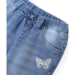 Babyhug Denim Full Length With Stretch Jeggings Butterfly Embroidery - Blue