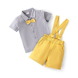 Babyhug 100% Cotton Knit Half Sleeves Solid Color Shirt & Shorts Set With Attached Suspender- Grey & Yellow