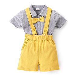 Babyhug 100% Cotton Knit Half Sleeves Solid Color Shirt & Shorts Set With Attached Suspender- Grey & Yellow