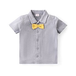 Babyhug 100% Cotton Knit Half Sleeves Solid Color Shirt & Shorts Set With Attached Suspender- Grey & Yellow
