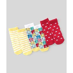 Cute Walk By Babyhug Non Terry Knit Anti-Bacterial Ankle Length Socks Stripes & Bear Design Pack Of 3 - White Red & Yellow