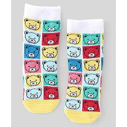 Cute Walk By Babyhug Non Terry Knit Anti-Bacterial Ankle Length Socks Stripes & Bear Design Pack Of 3 - White Red & Yellow