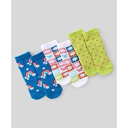 Cute Walk By Babyhug Non Terry Knit Anti-Bacterial Ankle Length Socks Floral Design Pack Of 3 - Green Blue & White