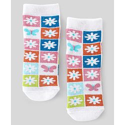 Cute Walk By Babyhug Non Terry Knit Anti-Bacterial Ankle Length Socks Floral Design Pack Of 3 - Green Blue & White