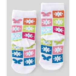 Cute Walk By Babyhug Non Terry Knit Anti-Bacterial Ankle Length Socks Floral Design Pack Of 3 - Green Blue & White