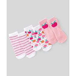 Cute Walk By Babyhug Non Terry Knit Anti-Bacterial Ankle Length Socks Stripes & Apple Design Pack Of 3 - Pink & White