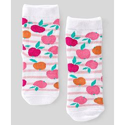 Cute Walk By Babyhug Non Terry Knit Anti-Bacterial Ankle Length Socks Stripes & Apple Design Pack Of 3 - Pink & White