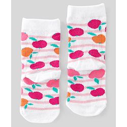 Cute Walk By Babyhug Non Terry Knit Anti-Bacterial Ankle Length Socks Stripes & Apple Design Pack Of 3 - Pink & White