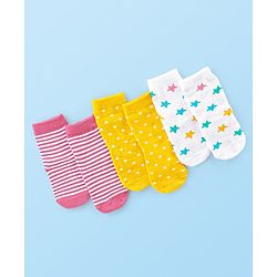 Cute Walk by Babyhug Anti Bacterial Ankle Length Socks Striped Polka Dot & Star Design Pack of 3 - Pink Yellow & White