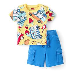 Babyhug Single Jersey  Knit  T-Shirt & Shorts Set with Car Print - Yellow & Blue