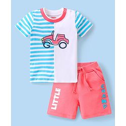 Babyhug Single Jersey Knit Half Sleeves T-Shirt &  Shorts Set with Striped  & Car Print - Blue & Red