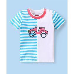 Babyhug Single Jersey Knit Half Sleeves T-Shirt &  Shorts Set with Striped  & Car Print - Blue & Red