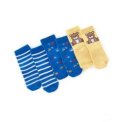 Cute Walk by Babyhug Anti Bacterial Ankle Length Socks Striped & Teddy Design Pack of 3 - Blue & Yellow
