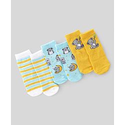Cute Walk by Babyhug Anti Bacterial Ankle Length Socks with Striped & Teddy Bear Design - Blue Yellow & White