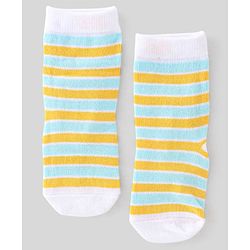 Cute Walk by Babyhug Anti Bacterial Ankle Length Socks with Striped & Teddy Bear Design - Blue Yellow & White