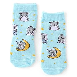 Cute Walk by Babyhug Anti Bacterial Ankle Length Socks with Striped & Teddy Bear Design - Blue Yellow & White