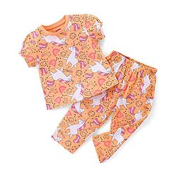 Babyhug Cotton Knit Half Sleeves Night Suit With Unicorn Print - Orange