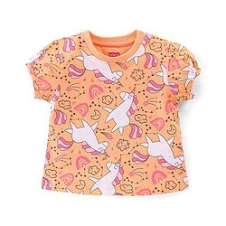 Babyhug Cotton Knit Half Sleeves Night Suit With Unicorn Print - Orange
