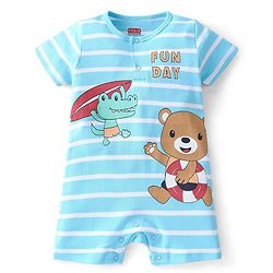 Babyhug 100% Cotton Knit Interlock Half Sleeves Romper with Striped & Animals Print - Blue