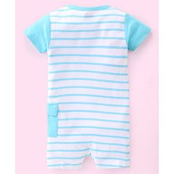 Babyhug 100% Cotton Knit Half Sleeves Striped Romper with Lion Print - Blue