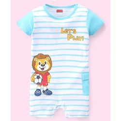 Babyhug 100% Cotton Knit Half Sleeves Striped Romper with Lion Print - Blue