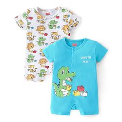 Babyhug 100% Cotton Half Sleeves Romper With Animals Print Pack Of 2 - Blue & White