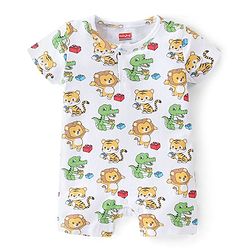 Babyhug 100% Cotton Half Sleeves Romper With Animals Print Pack Of 2 - Blue & White