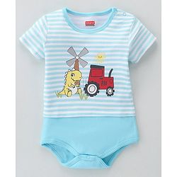 Babyhug 100% Cotton Knit Half Sleeves Onesie Dino Print - Blue