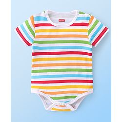 Babyhug 100% Cotton Knit Half Sleeves Onesies Striped & Crocodile Print Pack of 3  - Multicolour