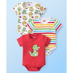 Babyhug 100% Cotton Knit Half Sleeves Onesies Striped & Crocodile Print Pack of 3  - Multicolour