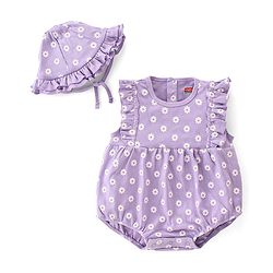 Babyhug 100% Cotton Knit Frill Sleeves Striped Onesie with Cap Floral Print - Lavendor