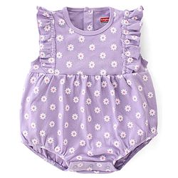 Babyhug 100% Cotton Knit Frill Sleeves Striped Onesie with Cap Floral Print - Lavendor