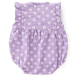 Babyhug 100% Cotton Knit Frill Sleeves Striped Onesie with Cap Floral Print - Lavendor