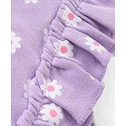 Babyhug 100% Cotton Knit Frill Sleeves Striped Onesie with Cap Floral Print - Lavendor