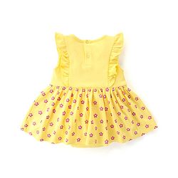 Babyhug 100% Cotton Knit Sleeveless Floral Printed Frock Style Onesie with Cap & Butterfly Patch - Yellow