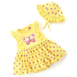 Babyhug 100% Cotton Knit Sleeveless Floral Printed Frock Style Onesie with Cap & Butterfly Patch - Yellow