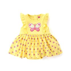 Babyhug 100% Cotton Knit Sleeveless Floral Printed Frock Style Onesie with Cap & Butterfly Patch - Yellow