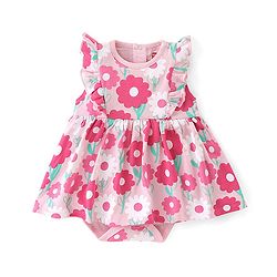 Babyhug 100% Cotton Knit Sleeveless Floral Printed Frock Style Onesie - Pink