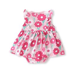Babyhug 100% Cotton Knit Sleeveless Floral Printed Frock Style Onesie - Pink