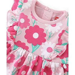 Babyhug 100% Cotton Knit Sleeveless Floral Printed Frock Style Onesie - Pink