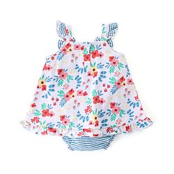 Babyhug 100% Cotton Knit Sleeveless Frock Style Onesie With Floral Print - Multicolour