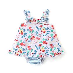 Babyhug 100% Cotton Knit Sleeveless Frock Style Onesie With Floral Print - Multicolour