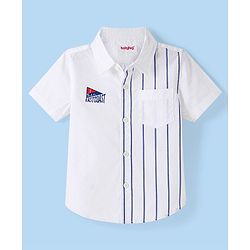 Babyhug Cotton Half Sleeve Striped Shirt with Text Embroidery - White & Blue